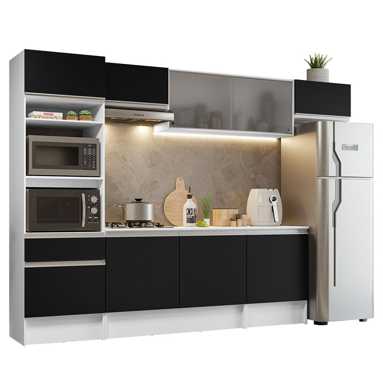 Armário de Cozinha Completa 300cm Branco/Preto Topazio Madesa 01