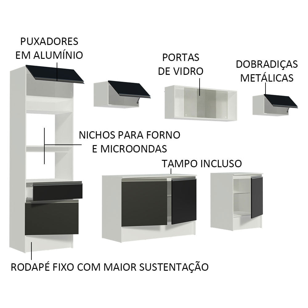 Armário de Cozinha Completa 300cm Branco/Preto Topazio Madesa 01