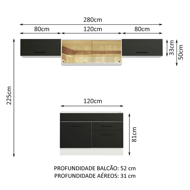 Armário de Cozinha Compacta 280cm Branco/Preto Agata Madesa 01
