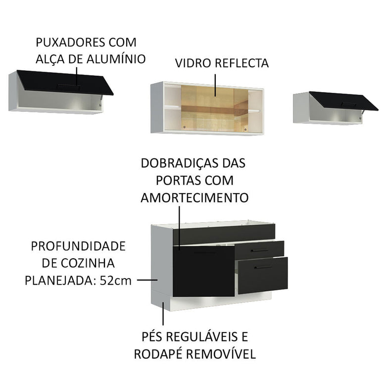 Armário de Cozinha Compacta 280cm Branco/Preto Agata Madesa 01