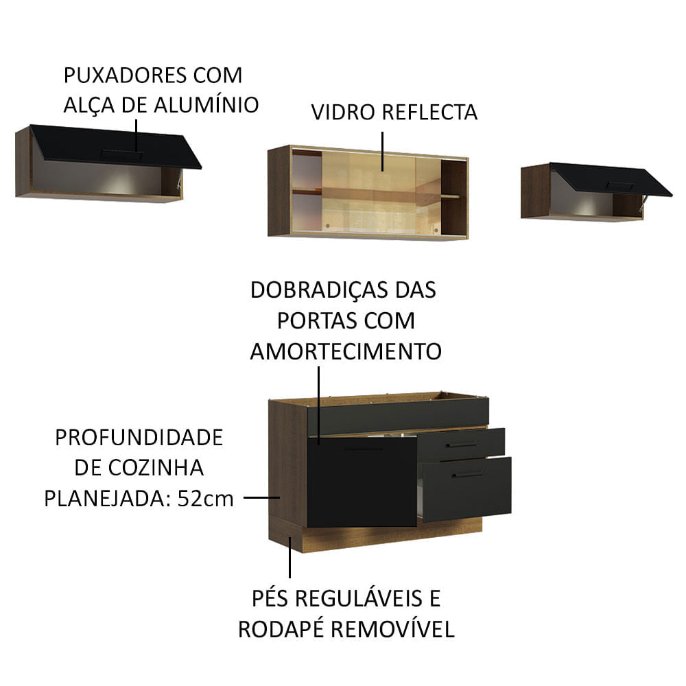 Armário de Cozinha Compacta 280cm Rustic/Preto Agata Madesa 01