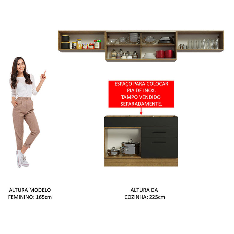 Armário de Cozinha Compacta 280cm Rustic/Preto Agata Madesa 01