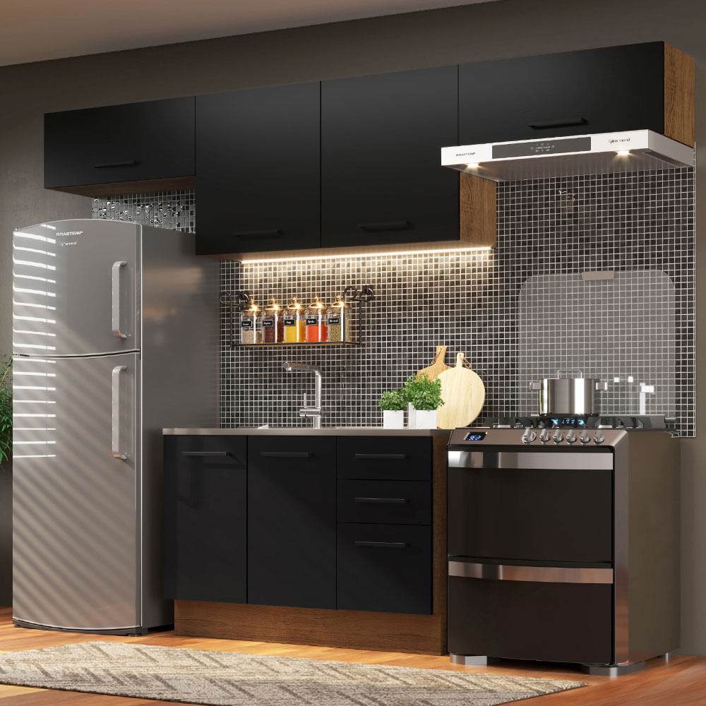 Armário de Cozinha Compacta 280cm Rustic/Preto Agata Madesa 02 - Rustic/Preto