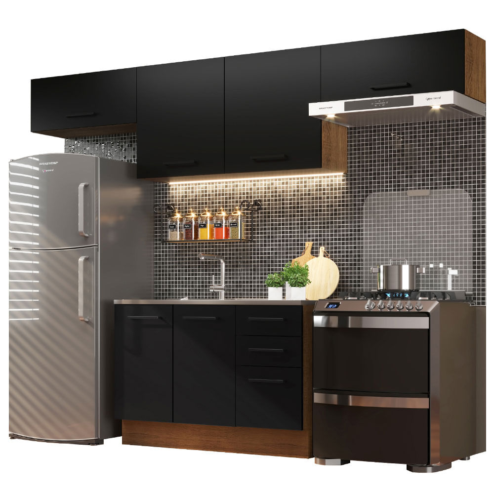 Armário de Cozinha Compacta 280cm Rustic/Preto Agata Madesa 02 - Rustic/Preto