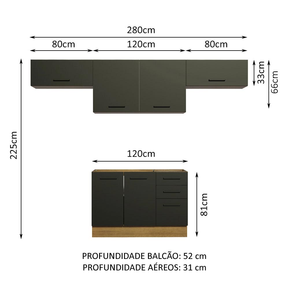 Armário de Cozinha Compacta 280cm Rustic/Preto Agata Madesa 02