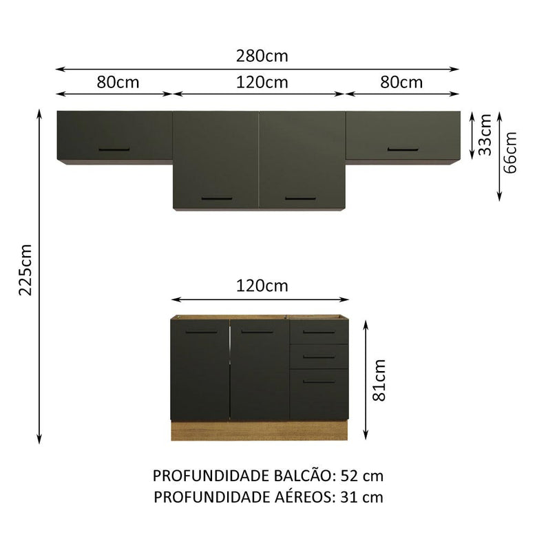 Armário de Cozinha Compacta 280cm Rustic/Preto Agata Madesa 02