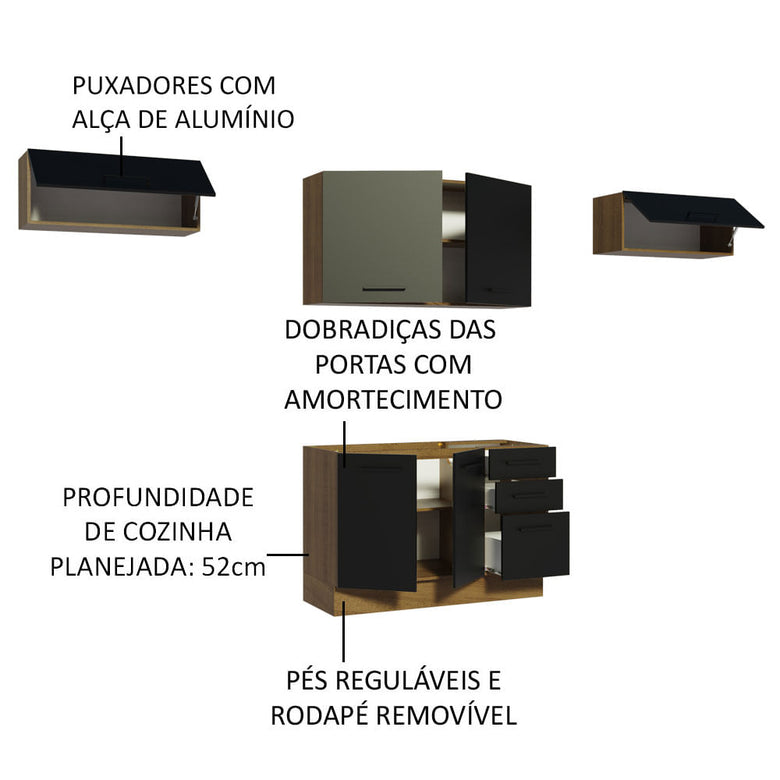 Armário de Cozinha Compacta 280cm Rustic/Preto Agata Madesa 02