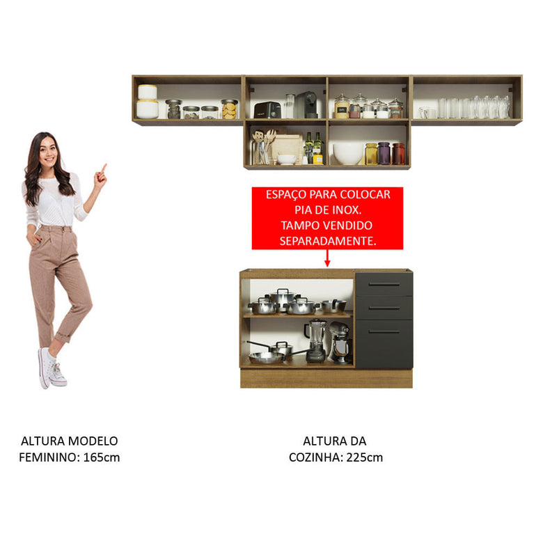 Armário de Cozinha Compacta 280cm Rustic/Preto Agata Madesa 02