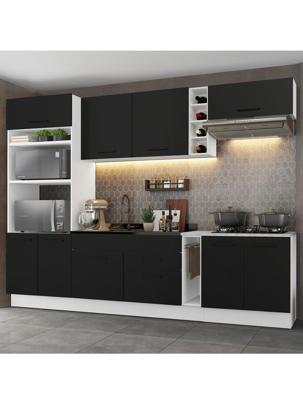 Armário de Cozinha Completa 290cm Branco/Preto Agata Madesa 01 - Branco/Preto