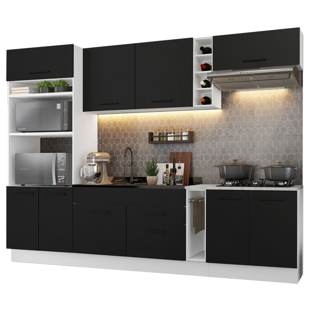 Armário de Cozinha Completa 290cm Branco/Preto Agata Madesa 01 - Branco/Preto