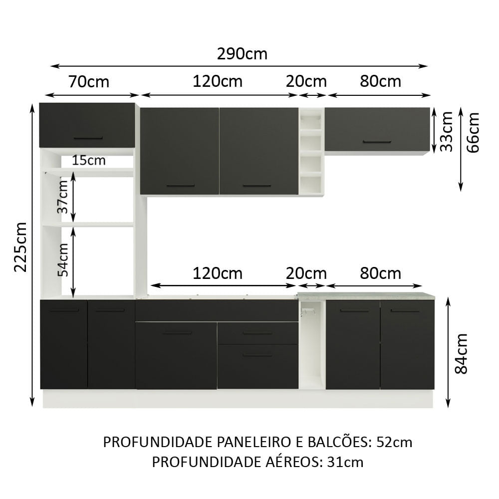Armário de Cozinha Completa 290cm Branco/Preto Agata Madesa 01