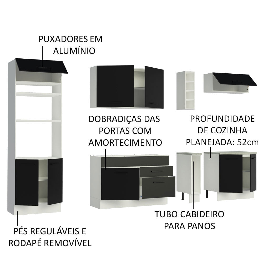 Armário de Cozinha Completa 290cm Branco/Preto Agata Madesa 01