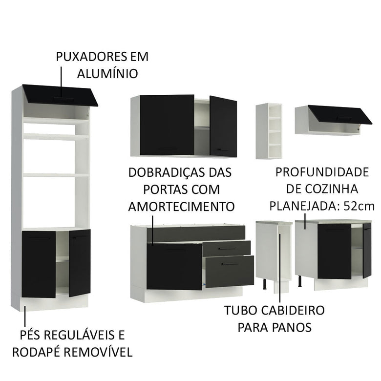Armário de Cozinha Completa 290cm Branco/Preto Agata Madesa 01