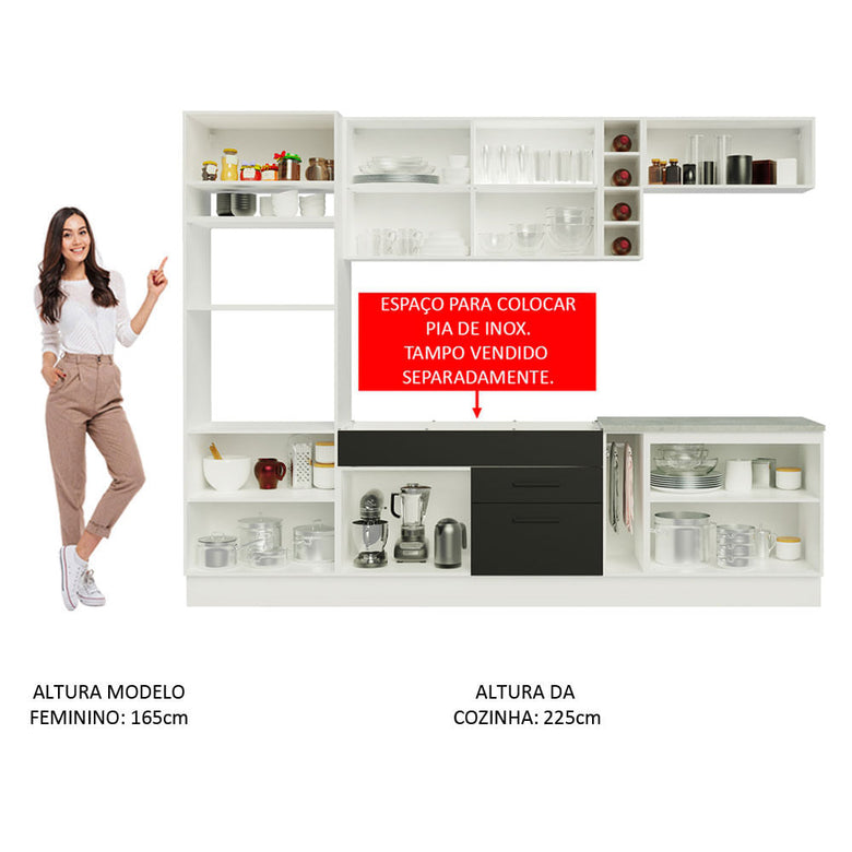 Armário de Cozinha Completa 290cm Branco/Preto Agata Madesa 01