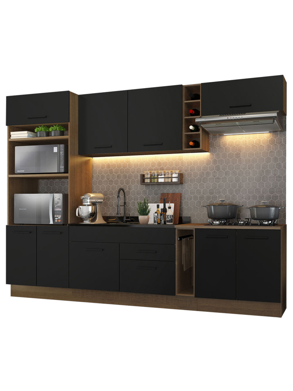 Armário de Cozinha Completa 290cm Rustic/Preto Agata Madesa 01 - Rustic/Preto