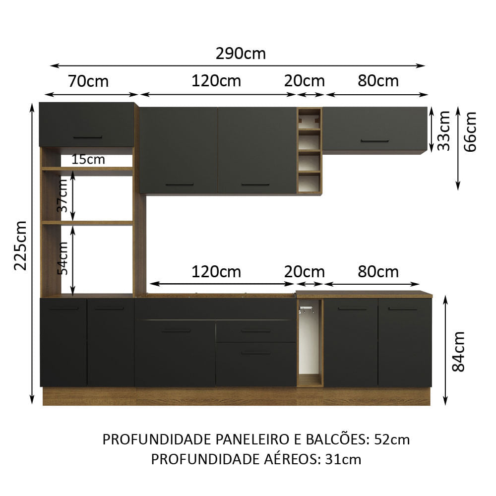 Armário de Cozinha Completa 290cm Rustic/Preto Agata Madesa 01 - Rustic/Preto