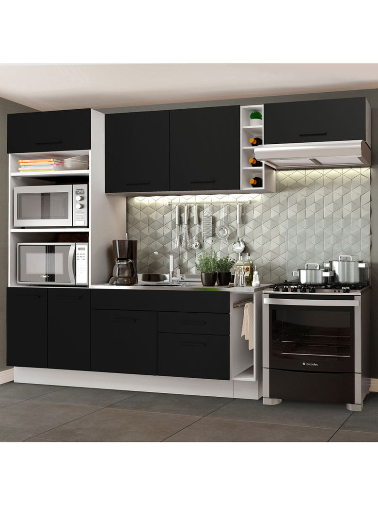 Armário de Cozinha Completa 290cm Branco/Preto Agata Madesa 02