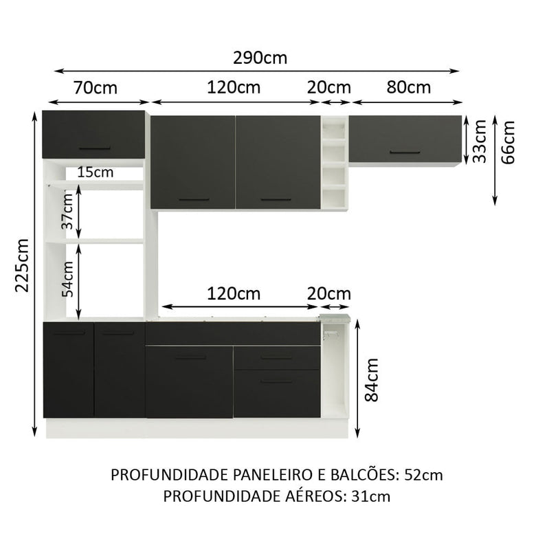 Armário de Cozinha Completa 290cm Branco/Preto Agata Madesa 02