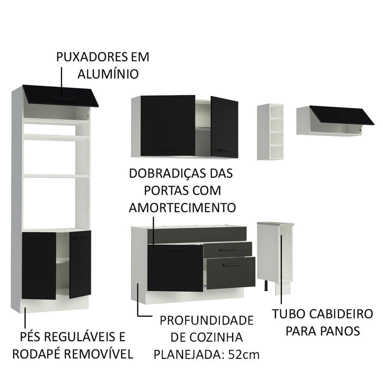 Armário de Cozinha Completa 290cm Branco/Preto Agata Madesa 02