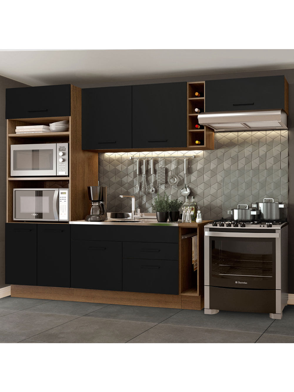 Armário de Cozinha Completa 290cm Rustic/Preto Agata Madesa 02 - Rustic/Preto