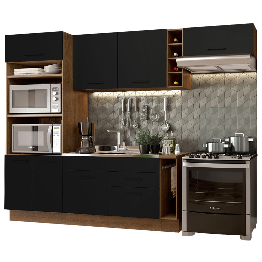 Armário de Cozinha Completa 290cm Rustic/Preto Agata Madesa 02 - Rustic/Preto