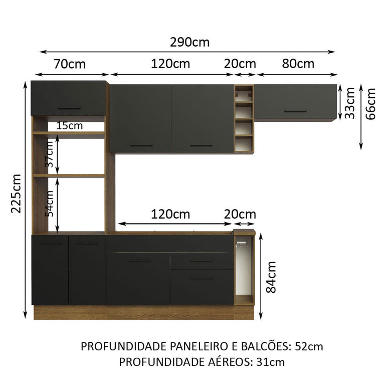 Armário de Cozinha Completa 290cm Rustic/Preto Agata Madesa 02