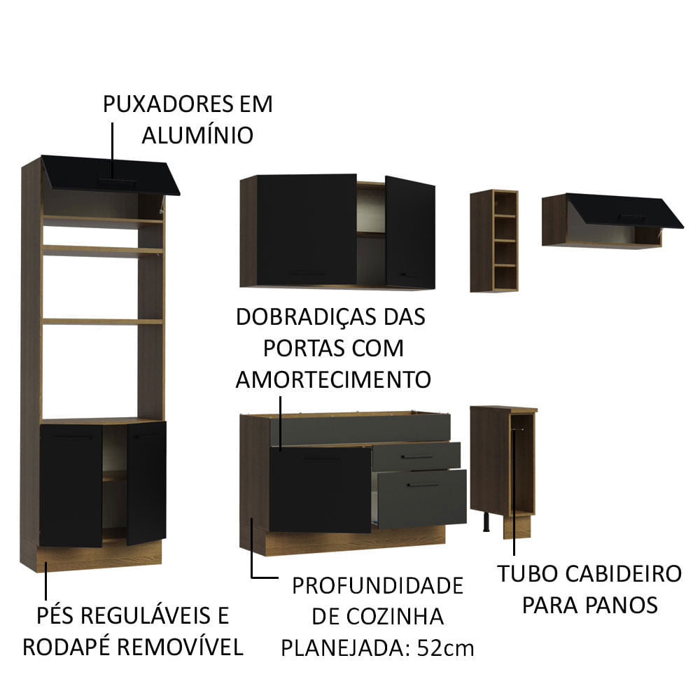 Armário de Cozinha Completa 290cm Rustic/Preto Agata Madesa 02