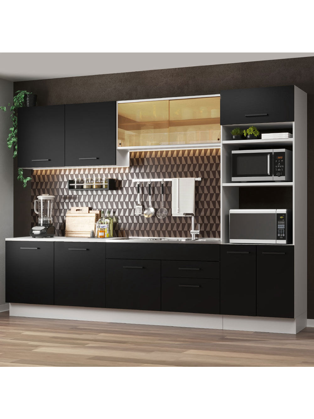 Armário de Cozinha Completa 310cm Branco/Preto Agata Madesa 01 - Branco/Preto