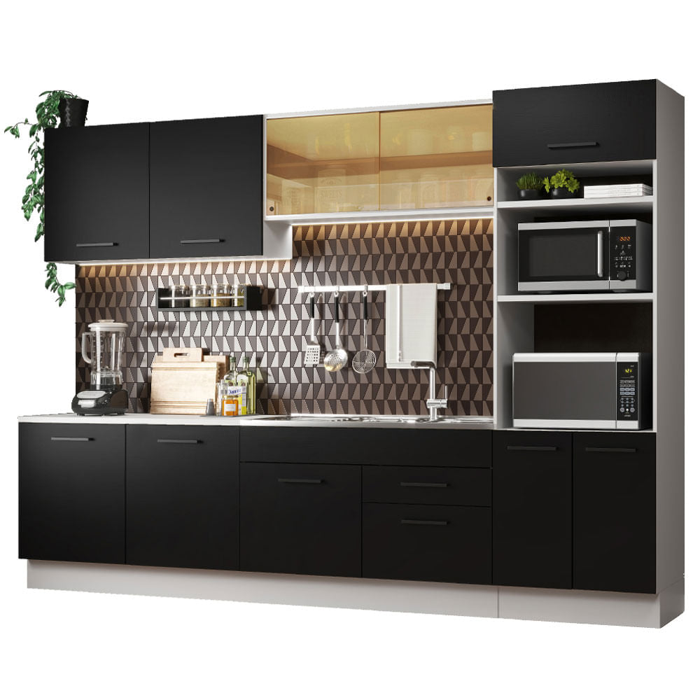 Armário de Cozinha Completa 310cm Branco/Preto Agata Madesa 01 - Branco/Preto
