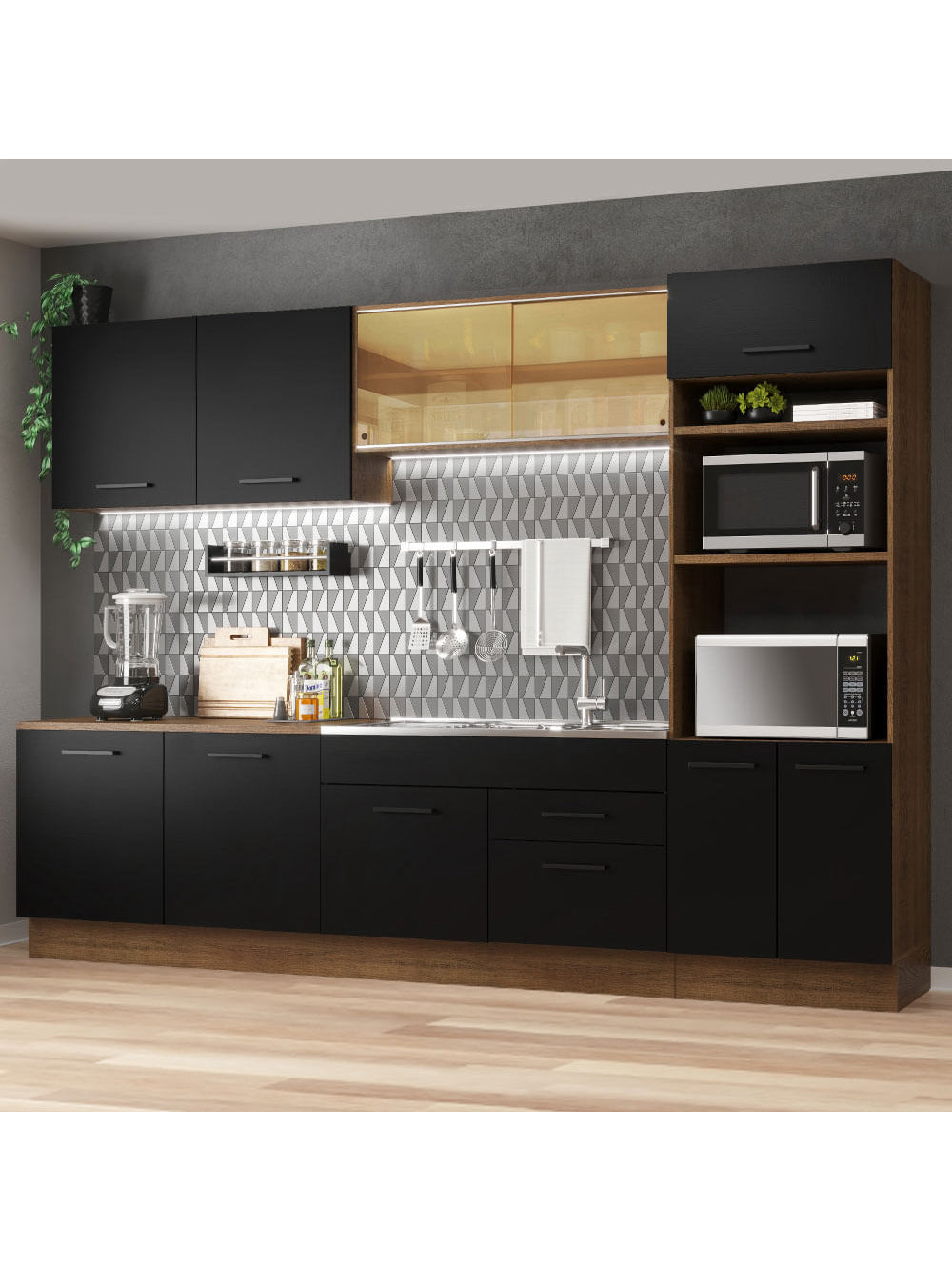 Armário de Cozinha Completa 310cm Rustic/Preto Agata Madesa 01 - Rustic/Preto