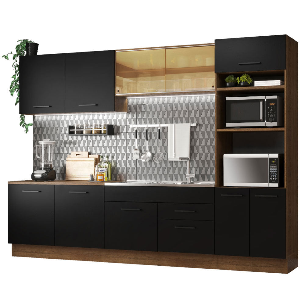 Armário de Cozinha Completa 310cm Rustic/Preto Agata Madesa 01 - Rustic/Preto