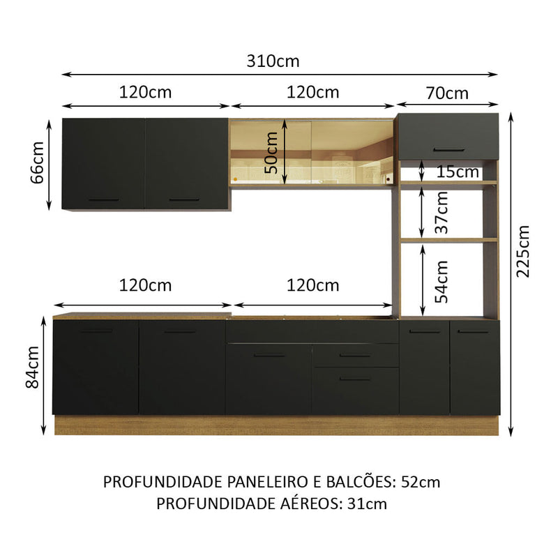 Armário de Cozinha Completa 310cm Rustic/Preto Agata Madesa 01