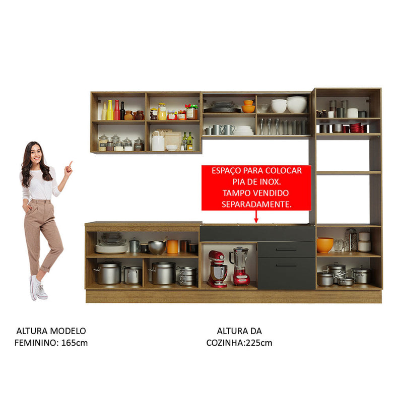 Armário de Cozinha Completa 310cm Rustic/Preto Agata Madesa 01