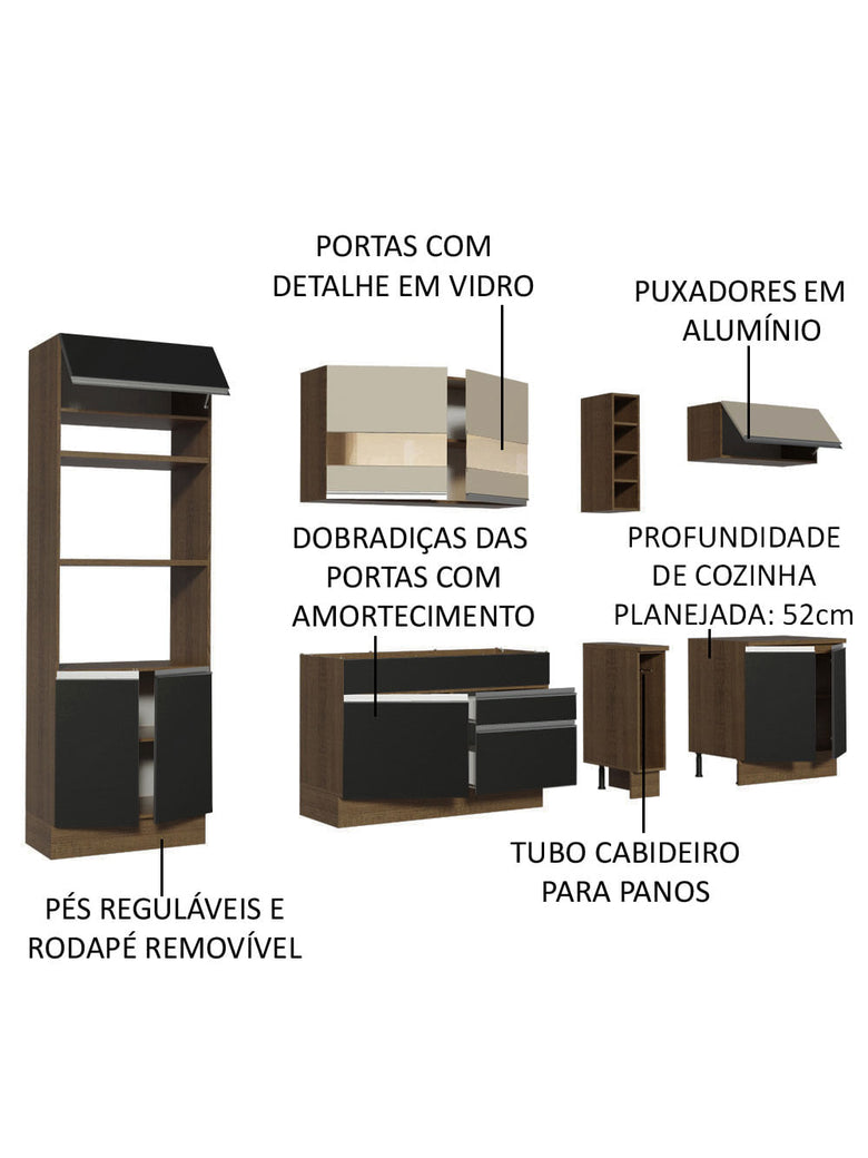 Armário de Cozinha Completa 290cm Rustic/Preto/Crema Vicenza Madesa 06