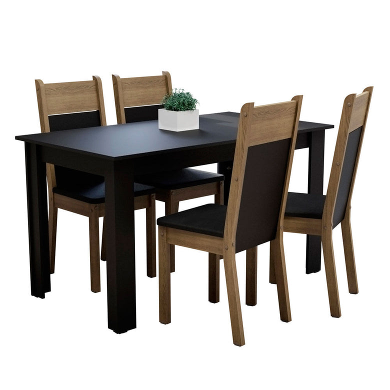 Conjunto Sala de Jantar Madesa Havana Mesa Tampo de Madeira com 4 Cadeiras Preto/Rustic