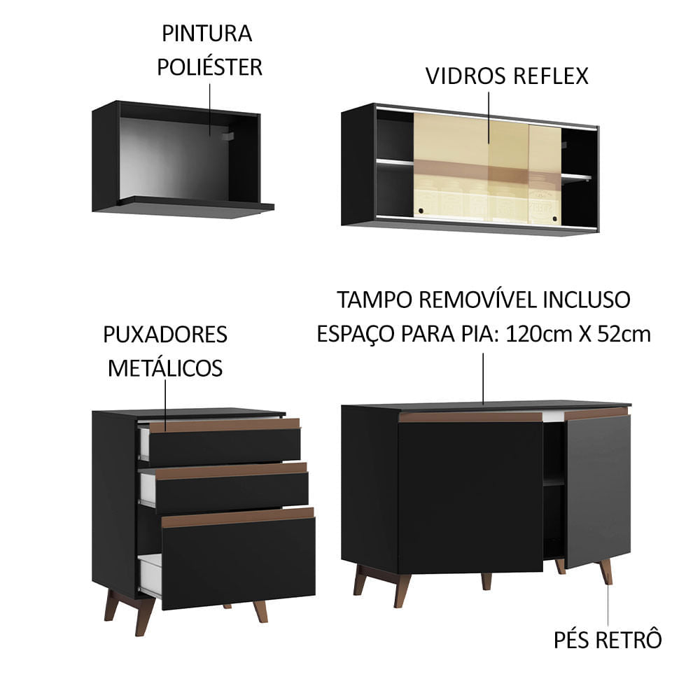 Armário de Cozinha Compacta 180cm Preto Reims Madesa 01
