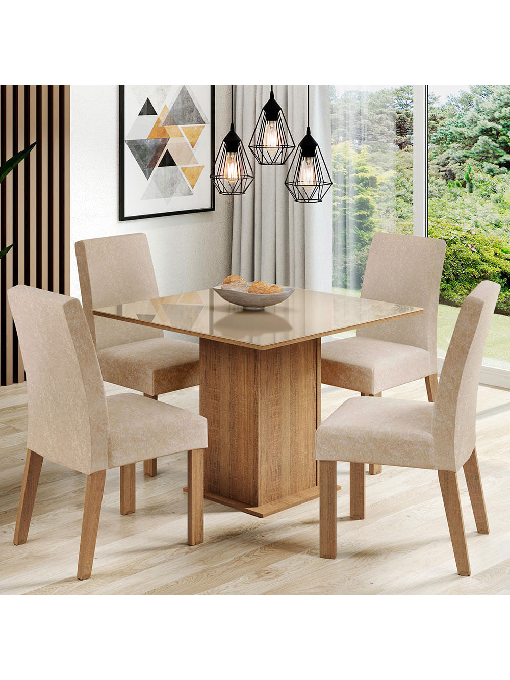 Conjunto Sala de Jantar Madesa Evelin Mesa Tampo de Vidro com 4 Cadeiras Rustic/Crema/Imperial - Rustic/Crema/Imperial