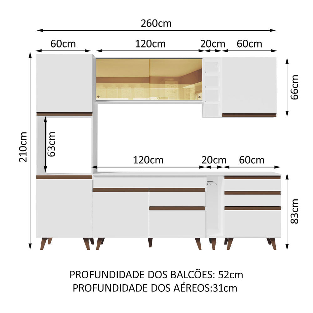 Armário de Cozinha Completa 260cm Branco Reims Madesa 04