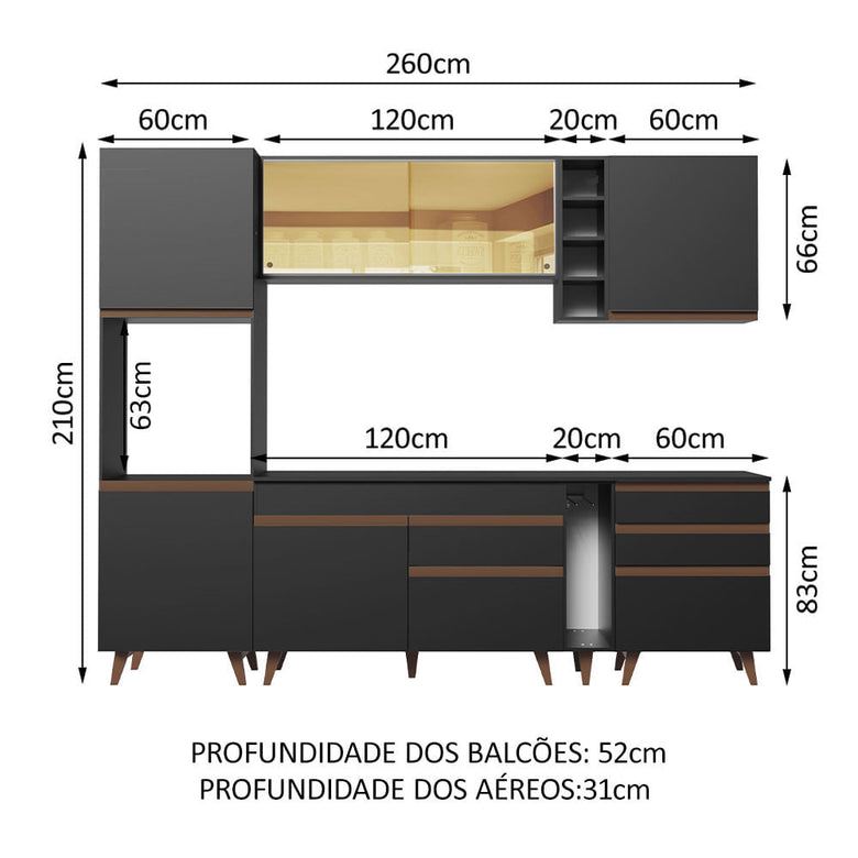 Armário de Cozinha Completa 260cm Preto Reims Madesa 04