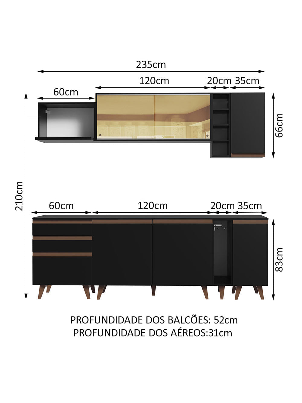 Armário de Cozinha Completa 235cm Preto Reims Madesa 01