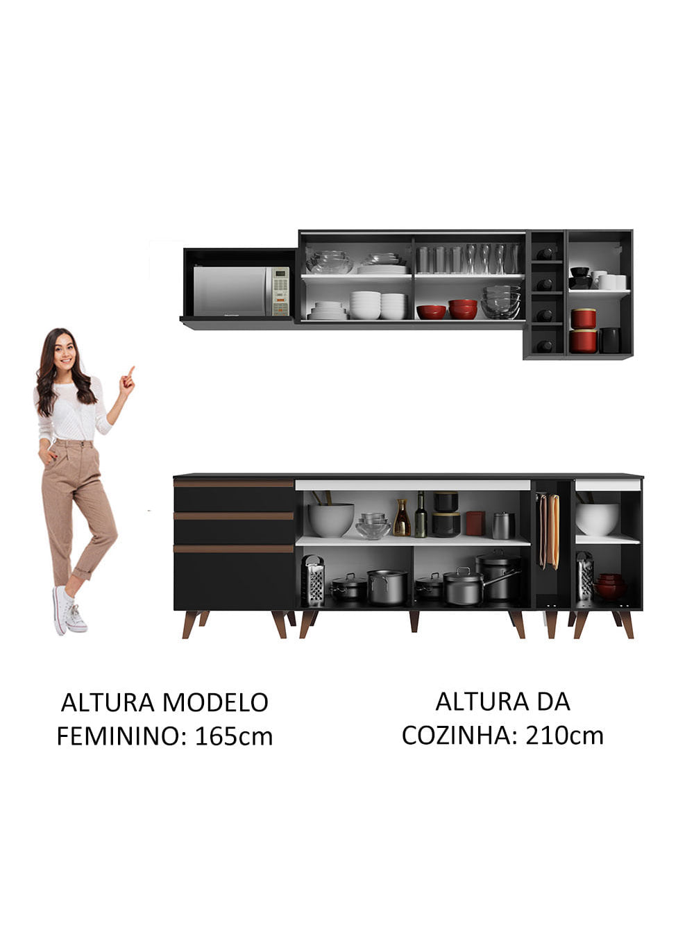 Armário de Cozinha Completa 235cm Preto Reims Madesa 01