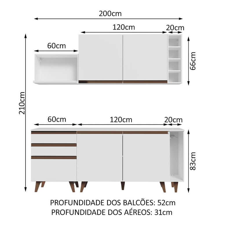 Armário de Cozinha Compacta 200cm Branco Reims Madesa 01