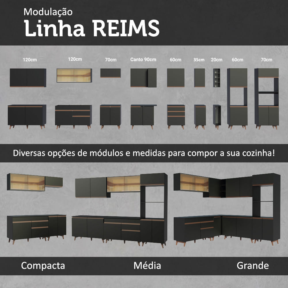 Armário de Cozinha Compacta 200cm Preto Reims Madesa 01