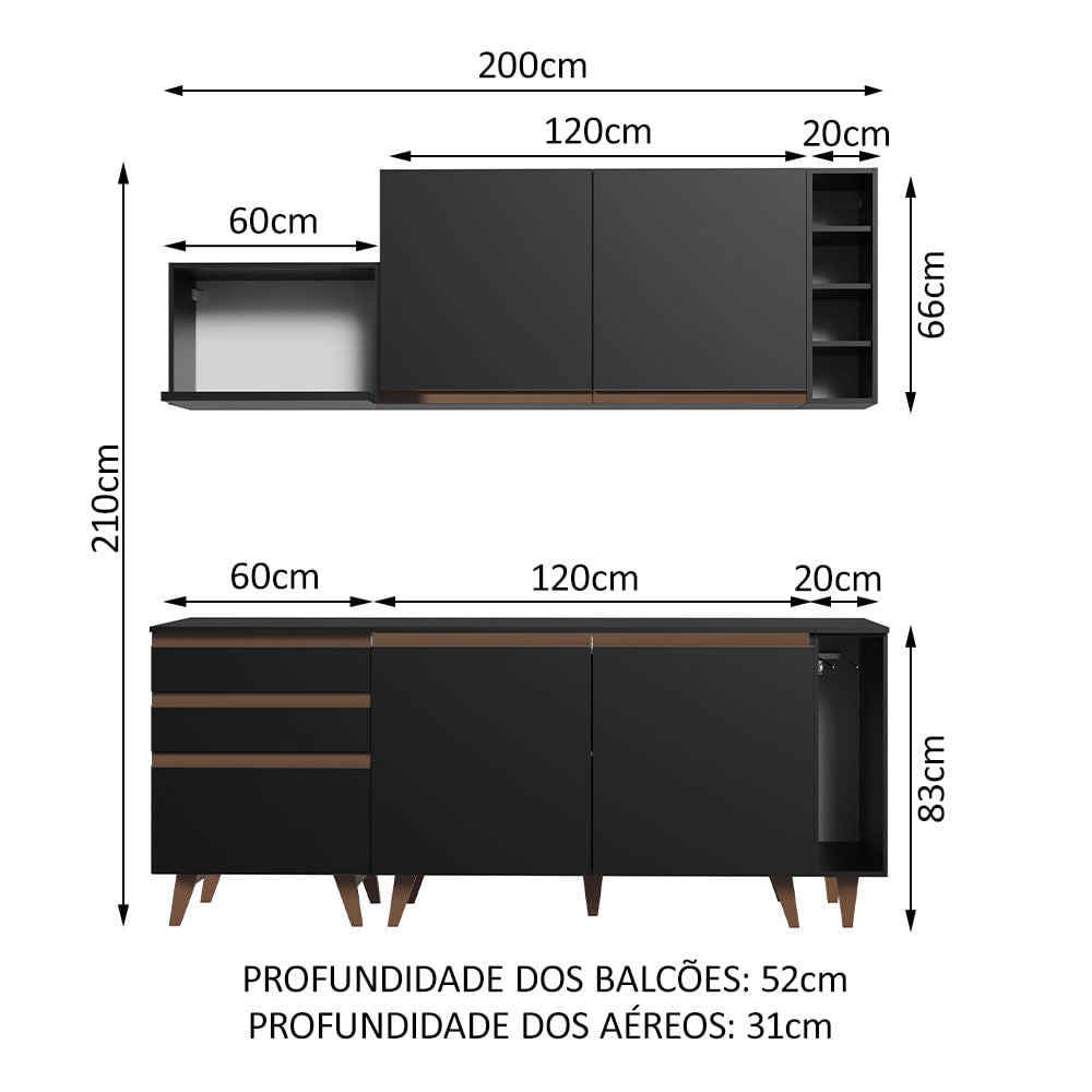 Armário de Cozinha Compacta 200cm Preto Reims Madesa 01