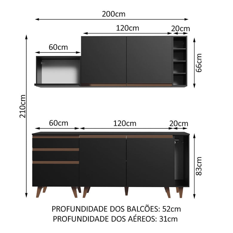 Armário de Cozinha Compacta 200cm Preto Reims Madesa 01