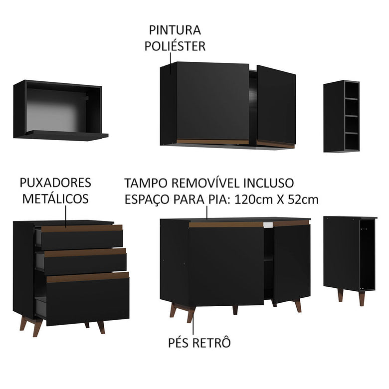 Armário de Cozinha Compacta 200cm Preto Reims Madesa 01