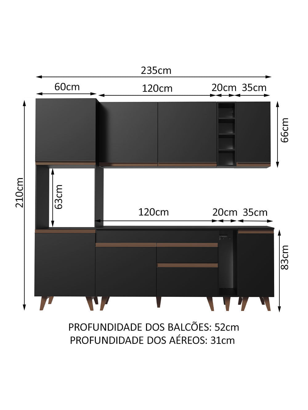 Armário de Cozinha Completa 235cm Preto Reims Madesa 02
