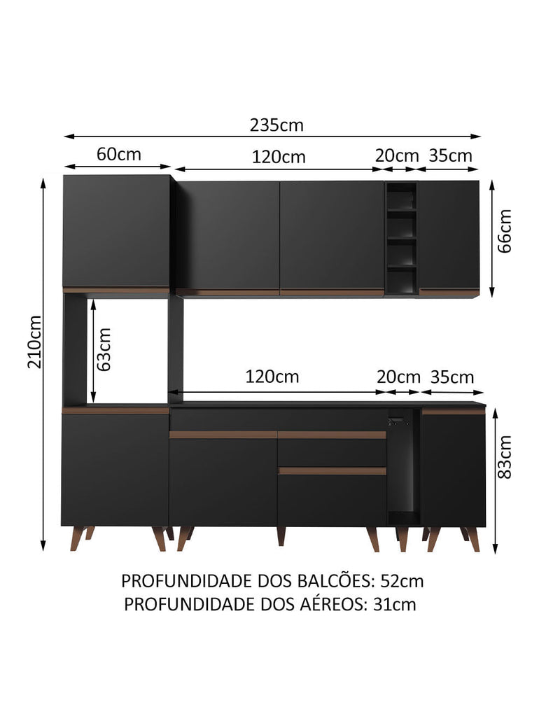 Armário de Cozinha Completa 235cm Preto Reims Madesa 02