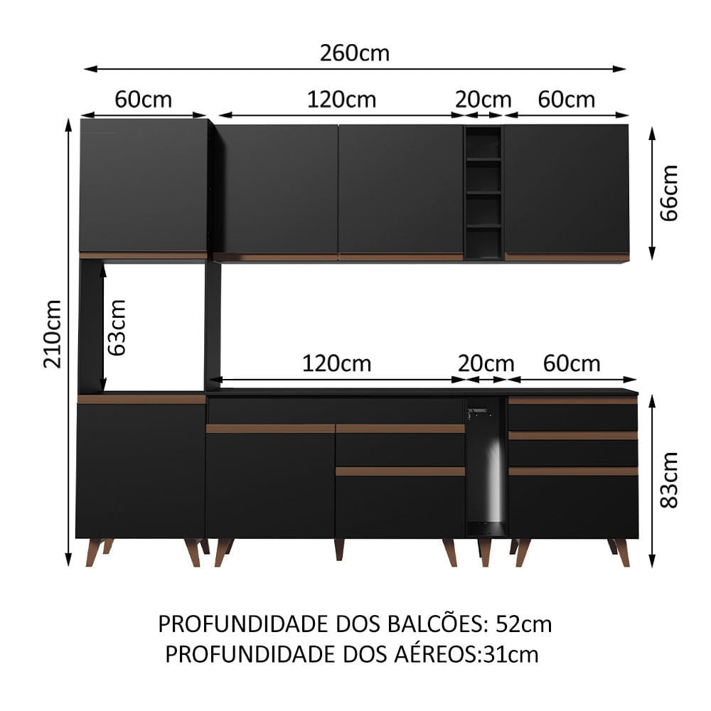 Armário de Cozinha Completa 260cm Preto Reims Madesa 05