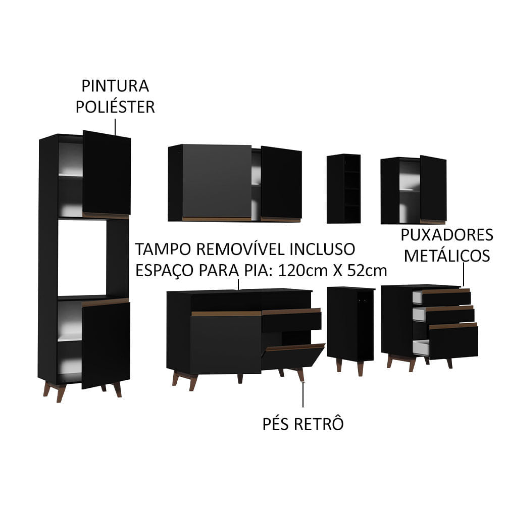 Armário de Cozinha Completa 260cm Preto Reims Madesa 05